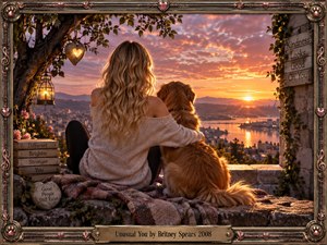 A woman and her golden retriever sit together on a stone overlook, watching a glowing sunset above a lakeside city and distant mountains. Warm amber light, soft pink clouds, lanterns, flowers, books, and rustic textures create a tender, reflective mood. An ornate heart-and-paw frame gives the scene a handcrafted, romantic finish.