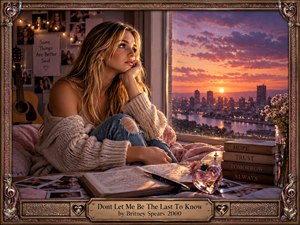 A wistful young woman sits beside a rain-speckled window overlooking a glowing sunset cityscape, surrounded by photographs, fairy lights, flowers, a journal, and symbolic books. Warm rose, gold, and violet tones create a tender, reflective mood. Cinematic lighting, realistic textures, and an ornate metallic frame give the scene nostalgic romantic elegance.