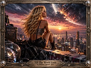A glamorous blonde woman sits on a weathered rooftop above a glowing city, facing a fiery celestial disturbance beneath dramatic storm clouds. Warm sunset oranges contrast with deep charcoal skies, mirrored disco balls, and dark metallic textures. Cinematic lighting, gritty urban detail, and an ornate music-inspired frame create a defiant, apocalyptic pop atmosphere.