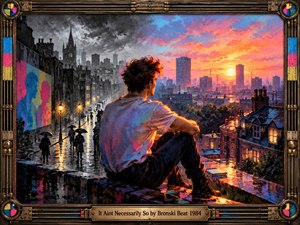 A solitary young man overlooks a city divided between rain-soaked darkness and a radiant sunset. Expressive brushstrokes blend charcoal gray, electric blue, pink, and golden orange, suggesting uncertainty and liberation. Umbrella-carrying figures wander below, while an ornate brass frame with colorful accents and an engraved title plate completes the atmospheric painting.