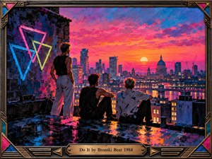 Three young men overlook a glowing 1980s city skyline from a rooftop at sunset. Vibrant pink, orange, purple, and electric blue brushstrokes illuminate the river and buildings. Neon geometric graffiti suggests freedom and rebellion. Expressive oil painting captures youthful connection, framed by ornate metallic Art Deco detailing.