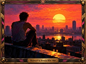 A solitary young man sits on a rooftop overlooking a sprawling city beneath a blazing orange sunset. Vibrant magenta, crimson, and violet brushstrokes evoke sweltering summer heat and quiet longing. Golden reflections shimmer across distant water, while an ornate bronze and black industrial frame reinforces the nostalgic 1980s atmosphere.