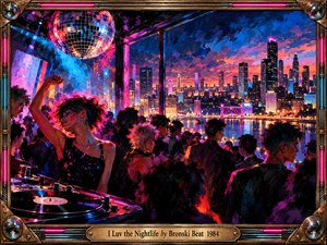 A vibrant 1980s nightclub pulses above a glittering waterfront skyline. Dancers gather beneath a mirrored disco ball as electric pink, blue, and violet lights illuminate the crowded rooftop. Expressive oil brushstrokes capture movement and excitement, while an ornate metallic frame with neon accents and an engraved brass title plate completes the scene.