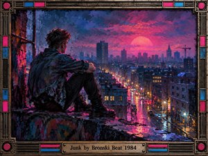 A solitary young man sits on a weathered rooftop overlooking a rain-soaked 1980s city. Neon pink, violet, and electric blue illuminate crowded buildings beneath a glowing sunset. Expressive painterly textures evoke loneliness and urban melancholy. An ornate industrial metal frame with colorful accents and an engraved title plate completes the composition.