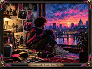 A solitary figure sits beside a window overlooking a glowing London skyline at sunset, surrounded by scattered photographs, vinyl records, and headphones. Vibrant pink, violet, and blue brushstrokes contrast with warm lamplight, creating nostalgic melancholy. Expressive oil painting textures and a metallic retro frame evoke bittersweet 1980s memories.