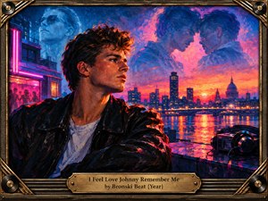 A contemplative young man in a black leather jacket overlooks a glowing 1980s city waterfront. Electric pink, violet, and blue illuminate distant buildings, shimmering reflections, and ghostly romantic silhouettes. Expressive oil brushwork creates nostalgic longing and emotional intensity, while an ornate bronze frame and engraved title plate complete the composition.