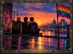 Three young men sit together overlooking a glowing London skyline at sunset, symbolizing solidarity and belonging. A rainbow flag waves above rain-soaked pavement reflecting vivid orange, pink, purple, and blue light. Expressive oil brushwork creates warmth and nostalgia, while an ornate metallic frame and engraved brass title plate complete the composition.