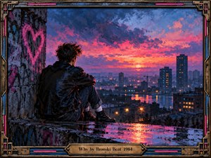 A solitary young figure sits on a rain-soaked rooftop overlooking a glowing 1980s city at sunset. Vivid magenta, violet, and orange clouds contrast with shadowy buildings and shimmering reflections. Expressive painted textures convey isolation, defiance, and longing. Pink heart graffiti and an ornate metallic frame complete the atmospheric composition.