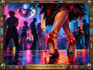 A vibrant acrylic painting captures a pulsating 1980s nightclub, where glossy red stilettos dominate the foreground beneath a swirling disco ball. Silhouetted dancers move through electric pink, blue, and purple lighting reflected across the polished floor. An ornate brass frame with mirrored corners and an engraved title plate completes the glamorous scene.