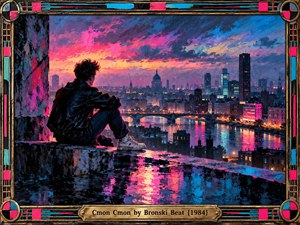A solitary young figure sits on a rain-soaked rooftop overlooking a glowing 1980s city skyline and river. Vibrant pink, orange, and electric blue reflections illuminate bridges and distant towers beneath dramatic twilight clouds. Expressive painterly textures evoke longing and introspection, while a geometric metallic frame adds nostalgic synthpop character.
