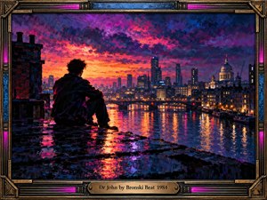 A solitary figure sits on a rain-soaked rooftop overlooking a luminous city skyline and river at dusk. Fiery orange, magenta, and violet clouds contrast with deep blue shadows and shimmering reflections. Expressive oil painting textures create nostalgic urban melancholy, while an ornate metallic frame with neon accents reinforces the 1980s atmosphere.