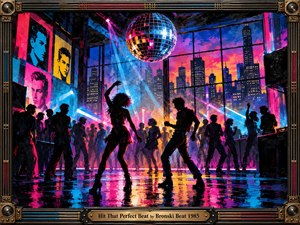 A vibrant 1980s nightclub pulses with silhouetted dancers beneath a glittering disco ball. Electric pink, cyan, purple, and golden lights illuminate an industrial dance floor overlooking a sunset skyline. Expressive acrylic brushwork captures energetic movement and reflections, while an ornate metallic frame and engraved title plate complete the retro atmosphere.