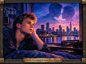 A wistful young man gazes across a glowing nighttime cityscape as two translucent figures nearly kiss above the skyline. Rich violet, pink, and amber reflections illuminate the river beneath a dreamy twilight sky. Expressive painterly textures, vintage electronics, and an ornate metallic frame evoke romantic longing and 1980s nostalgia.