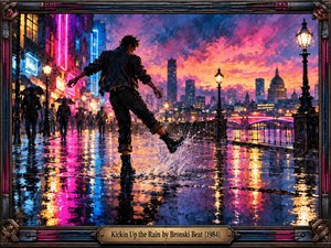 A solitary figure kicks through rain-soaked pavement in a vibrant 1980s cityscape, surrounded by glowing neon signs, silhouetted pedestrians, and historic architecture. Expressive oil brushwork captures shimmering reflections in electric pink, violet, blue, and gold beneath a dramatic sunset. An ornate metallic frame completes the energetic, rebellious atmosphere.