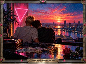 Two young men embrace above a glowing 1980s city skyline at sunset, surrounded by neon pink light and shimmering river reflections. Scattered money, roses, and a vintage turntable suggest romance and material temptation. Expressive oil brushwork, saturated purples and oranges, and an ornate metallic frame create nostalgic cinematic drama.