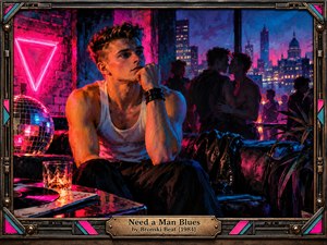 A contemplative young man sits alone in a vibrant 1980s nightclub, surrounded by glowing pink neon, electric blue shadows, and intimate dancing silhouettes. A shimmering disco ball, city skyline, and reflective surfaces enrich the atmospheric oil painting. An ornate metallic frame and engraved brass title plate complete the nostalgic scene.