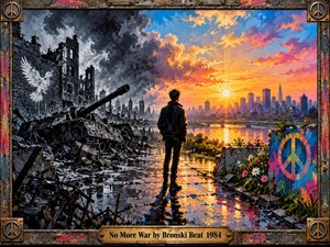 A lone figure stands between a war-ravaged city and a radiant skyline, symbolizing humanitys passage from destruction toward peace. Smoky grays contrast with brilliant orange, pink, and blue skies. Reflective pavement, blooming flowers, and painted peace symbols enrich the expressive composition, enclosed within a weathered industrial metal frame.