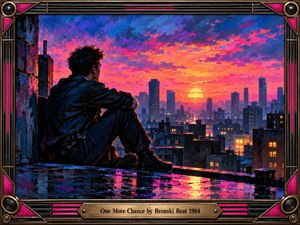 A solitary young man sits on a rain-soaked rooftop overlooking a sprawling city at sunset. Vibrant pink, orange, and violet clouds illuminate distant skyscrapers, reflecting across wet surfaces. Expressive oil brushwork captures longing and quiet hope. An ornate black and gold synth-inspired frame surrounds the nostalgic 1980s scene.