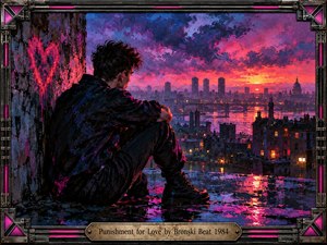 A solitary young man sits on a rain-soaked rooftop overlooking a sprawling city at sunset. Vibrant magenta, violet, and orange reflections illuminate the melancholy urban landscape. Expressive painterly textures, a graffiti heart, and dramatic clouds evoke isolation and longing. An industrial metallic frame with neon accents completes the composition.