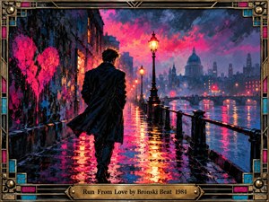 A solitary figure walks along a rain soaked London riverside beneath a dramatic magenta and violet sky. Glowing streetlamps illuminate shimmering reflections, while a fractured pink heart symbolizes emotional escape. Expressive oil brushwork captures loneliness and longing, enclosed within an ornate black and gold Art Deco frame.