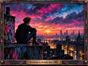 A solitary young man sits on a graffiti-covered rooftop overlooking a sprawling city at sunset. Expressive oil brushwork blends electric pink, violet, cobalt blue, and fiery orange across turbulent skies. Glowing streets and distant towers evoke isolation and longing. A geometric metallic frame surrounds the dramatic scene.