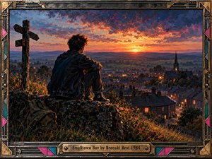 A solitary young man sits on a weathered stone wall overlooking a quiet English town at sunset. Fiery orange and violet clouds illuminate distant hills, rooftops, and glowing windows. Richly textured traditional painting conveys loneliness, reflection, and uncertain hope. An ornate metallic frame with colorful geometric accents completes the nostalgic composition.
