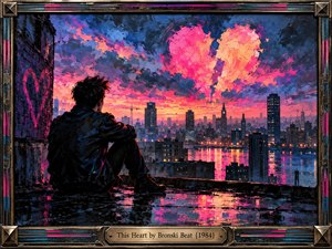 A solitary figure sits on a rain-soaked rooftop overlooking a neon-lit city at sunset. A fractured pink and orange heart glows above the skyline, symbolizing emotional vulnerability. Expressive impasto brushwork blends electric blues, purples, and magentas. Shimmering reflections and an ornate metallic frame evoke 1980s synth-pop melancholy.