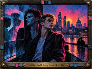 Two young men stand against a luminous 1980s cityscape, their reflections suggesting identity, longing, and emotional conflict. Electric blues, vivid pinks, and fiery oranges illuminate towering buildings and shimmering water. Expressive painterly textures create cinematic tension, while an ornate black and gold geometric frame completes the nostalgic composition.