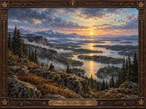 A lone figure overlooks a vast northern river valley glowing beneath a dramatic sunrise, surrounded by rugged rocks, dark evergreens, mist, and distant mountains. Warm gold, blue, and rose tones create a hopeful, reflective mood. Detailed oil painting textures, sweeping depth, flying birds, and an ornate carved wooden frame enhance the dreamlike atmosphere.