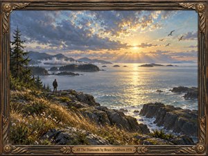A solitary figure stands on a rugged coastal bluff overlooking shimmering blue water, forested islands, and distant mountains beneath a radiant golden sky. Warm sunlight breaks through layered clouds and reflects across the sea, while grasses, rocks, seabirds, and evergreens frame the serene, contemplative oil-painted landscape within an ornate bronze-accented wooden frame.