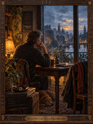 A contemplative man sits at a wooden table beside a rain-streaked window, gazing over a blue-gray city at twilight. Warm amber lamplight fills the intimate room, contrasting with the cool stormy exterior. Rich oil-paint textures, a sleeping dog, plants, books, guitar details, and an ornate carved frame deepen the wistful mood.