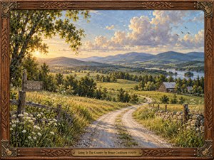 A winding country road leads through sunlit meadows toward rolling blue hills, a rustic barn, and shimmering water beneath billowing clouds. Golden light filters through a large tree, warming wildflowers, stone walls, and weathered fences. Detailed oil-paint textures and a carved wooden guitar-themed frame create a hopeful, nostalgic rural mood.