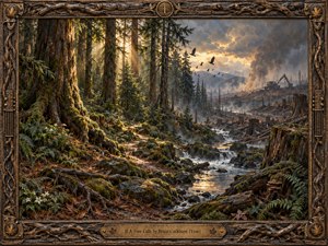 A richly detailed forest landscape contrasts luminous old-growth wilderness with a scarred clear-cut valley beyond. Mossy trunks, ferns, rushing water, stumps, distant machinery, smoke, and startled birds create a tense environmental mood. Warm golden light meets cool gray haze in a dramatic painterly composition framed with carved wood and bronze details.