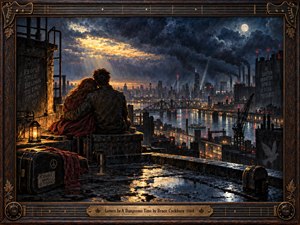 Two lovers sit closely on a rain-soaked rooftop overlooking a dark industrial city, surrounded by storm clouds, glowing windows, bridges, smokestacks, and reflective water. Warm amber lantern light contrasts with cold blue-gray skies and distant red beacons. Rich oil-paint texture, dramatic lighting, and a guitar-inspired carved frame create tenderness, danger, and resilient hope.