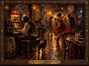 A smoky barrelhouse glows with amber lamplight as a pianist, guitarist, and swirling dancers animate worn wooden floors. Rich reds, browns, golds, and deep shadows create a soulful late-night mood. Painterly oil textures, drifting haze, a black cat, vintage furnishings, and an ornate musical frame complete the lively scene.