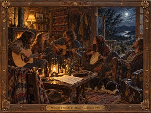 Five young musicians gather in a rustic cabin, sharing guitars, hand percussion, and quiet companionship beside a glowing lantern and stove. Warm amber light contrasts with cool moonlit blues outside, where a winding road crosses the landscape. Rich oil-painted textures, travel cases, sheet music, and carved wooden framing create nostalgic intimacy.