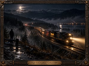 A lone figure watches a speeding night train curve through misty mountains beside dark water. Moonlight, wet rails, and distant shoreline lights create a brooding, reflective atmosphere. Deep indigo, charcoal, silver, and amber tones frame the long-exposure motion, while the ornate industrial border and brass title plate add rugged musical detail.
