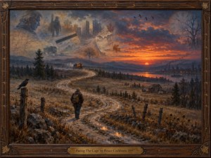 A solitary traveler follows a winding rural road through a bleak autumn landscape toward a fiery sunset, distant city lights, and darkening hills. Ghostly memories, maps, clocks, and figures dissolve across the stormy sky. Rich earth tones, amber light, and detailed traditional painting create a reflective, restless, searching mood.