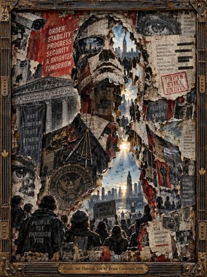 A towering paper-built authority figure tears open to reveal a sunlit city and gathered people beyond, symbolizing exposed deception and public awareness. Gritty mixed-media collage layers propaganda posters, surveillance imagery, maps, stamps, and protest fragments in black, gray, rust, crimson, and bronze, framed by distressed wood and metal.