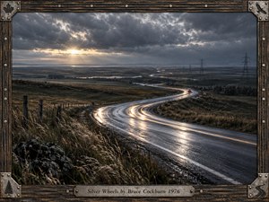 A rain-slick prairie highway curves through windswept fields beneath dramatic storm clouds, glowing with silver reflections and warm light trails. A distant car and power towers emphasize motion and solitude. Cinematic photographic realism, muted blues, greys, browns, and amber highlights create a reflective 1970s atmosphere within a weathered wood-and-metal musical frame.