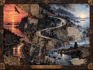 A weathered mixed-media landscape follows a winding road from fiery sunset through smoke-darkened mountains toward a pale dawn. Torn maps, clocks, handwritten fragments, reflective water, a soaring hawk, and a lone traveler suggest memory, conflict, and perseverance. Rose gold, rust, charcoal, and icy blue tones create a haunting, cinematic atmosphere.