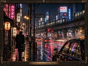 A lone traveler carrying a guitar case walks through rainy Tokyo beneath elevated trains, neon signs, traffic, and tangled wires. Wet pavement reflects red, blue, pink, and amber light, creating a restless cinematic mood. Long exposure photography, mist, glowing storefronts, and motion blur give the crowded night scene vivid urban energy.