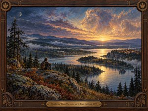 A lone guitarist sits on a rocky overlook above a winding lake, misty forests, distant mountains, and a glowing shoreline town. Golden sunrise light meets deep blue and violet skies, where lion shapes emerge subtly from luminous clouds. Rich painterly textures, warm reflections, and an ornate carved wood frame create a serene, mystical mood.