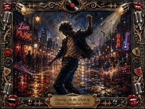 A lone dancer moves through a rain-slicked city street glowing with neon reds, amber lights, and deep midnight blues. Expressive acrylic-style brushwork creates energy, longing, and release, while distant crowds, a microphone, music notes, and reflections suggest nightlife. An ornate gold-and-black music-themed frame surrounds the dramatic scene.