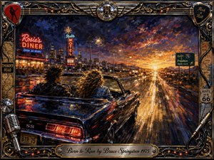 Kung Fu Hand Painting - A young couple races through the night in a gleaming black convertible, leaving neon diners and city lights behind for an open highway glowing beneath a fiery sunset. Rich blues, reds, golds, and chrome create a restless, romantic mood. Expressive oil-painted textures, dramatic reflections, and an ornate rock-and-roll frame amplify the sense of freedom.