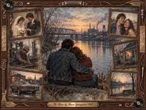 Kung Fu Hand Painting - A young couple sits closely beside a reflective river at dusk, surrounded by framed memories of marriage, work, home, youth, and small-town life. Muted blues, sepia browns, rust reds, and amber light create a bittersweet mood. Painterly oil, acrylic, and watercolor textures blend with an ornate rosewood musical frame.