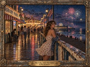 Kung Fu Hand Painting - A young woman pauses along a rain-slicked Asbury Park boardwalk as Fourth of July fireworks bloom over the ocean. Warm carnival lights, carousel glow, weathered railings, and reflected reds, golds, and blues create a wistful summer-night atmosphere. Painterly realism, textured surfaces, and a vintage seaside frame deepen the nostalgic mood.