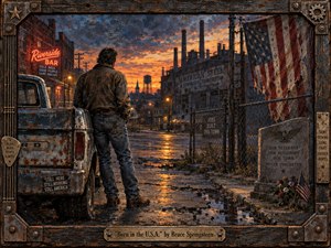 Kung Fu Hand Painting - A lone worker stands beside a battered pickup, facing an abandoned steel town beneath a fiery sunset. Rusted factories, wet pavement, faded flags, fencing, and a veterans memorial create a somber, resilient mood. Rich oranges, steel blues, and weathered browns glow through painterly textures within a rugged industrial frame.