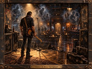 A solitary guitarist stands on a worn club stage, facing an empty room filled with ghostly musicians emerging through smoke and memory. Warm amber spotlights glow against cool blue shadows, reflecting across scuffed floors and quiet tables. Rich oil-and-charcoal textures, battered equipment, and a handcrafted frame create a haunting, nostalgic atmosphere.