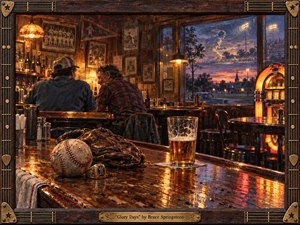 Kung Fu Hand Painting - A warmly lit, painterly tavern scene captures two middle-aged men sharing memories at a polished wooden bar, while a worn baseball, glove, ring, and beer glow in the foreground. Sunset blues and amber golds fill the room, a jukebox hums nearby, and a ghostly ballplayer in the window suggests nostalgia, pride, and passing time.